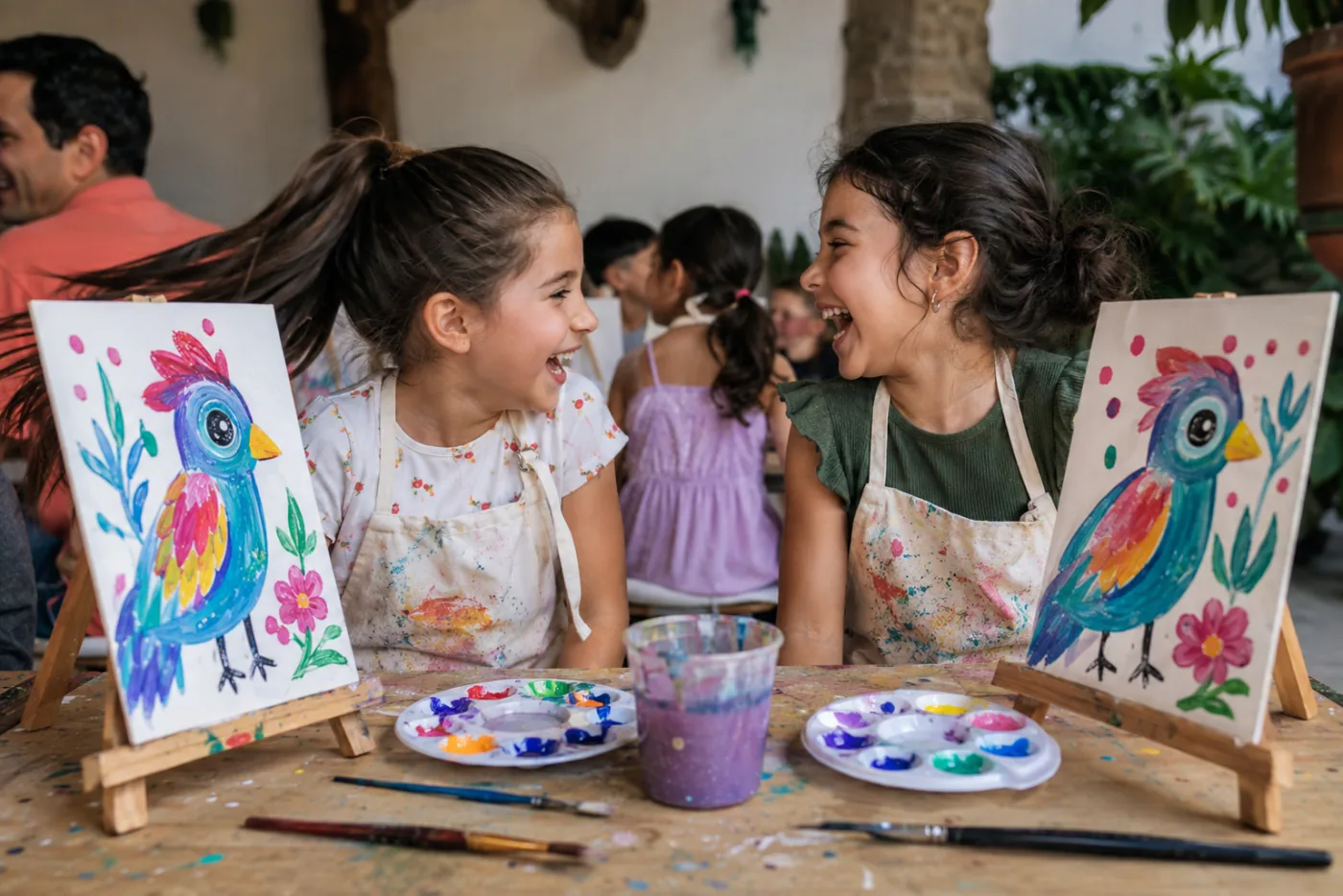 Dos amigas riendo junto a sus pinturas terminadas