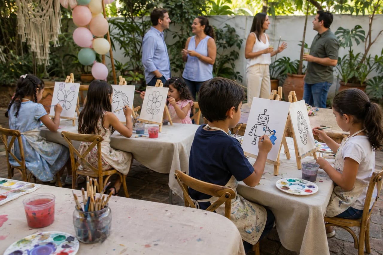 Estudio de arte móvil instalado para un cumpleaños infantil