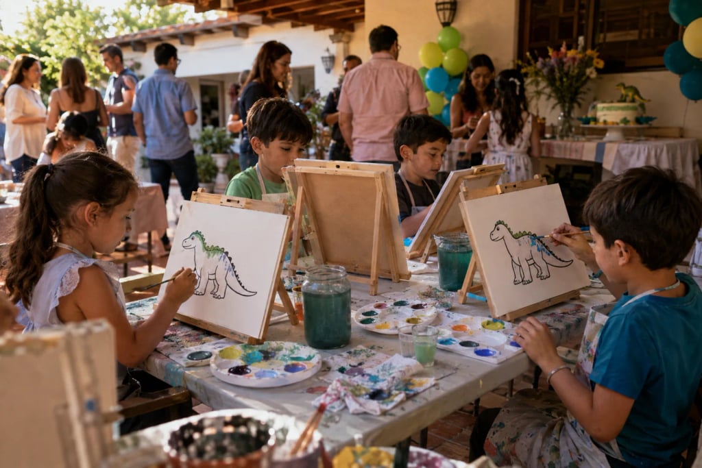 Niños pintando en caballetes durante una fiesta creativa