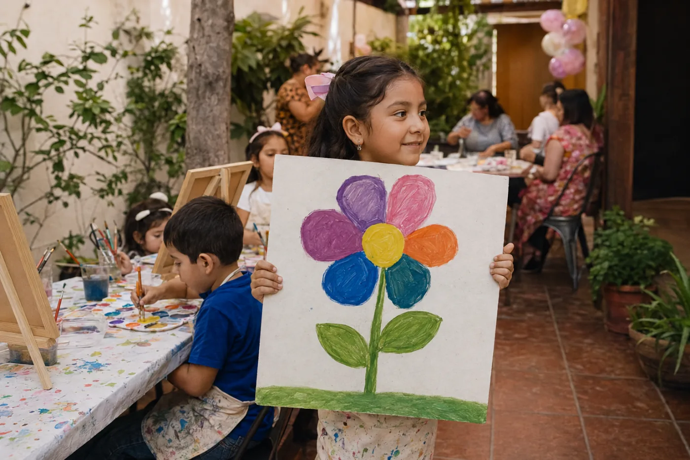 Niña mostrando orgullosa una flor pintada por ella