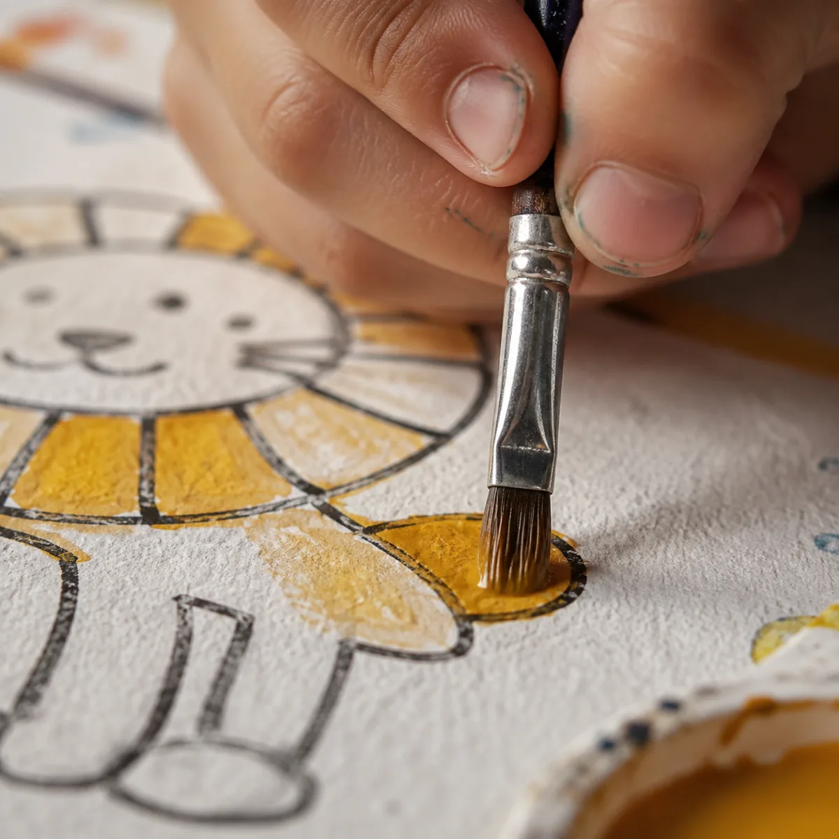 Detalle de una mano infantil pintando con un pincel