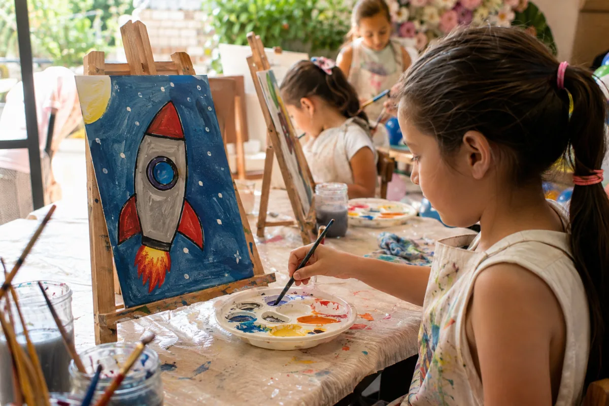 Niña junto a una pintura infantil de un cohete