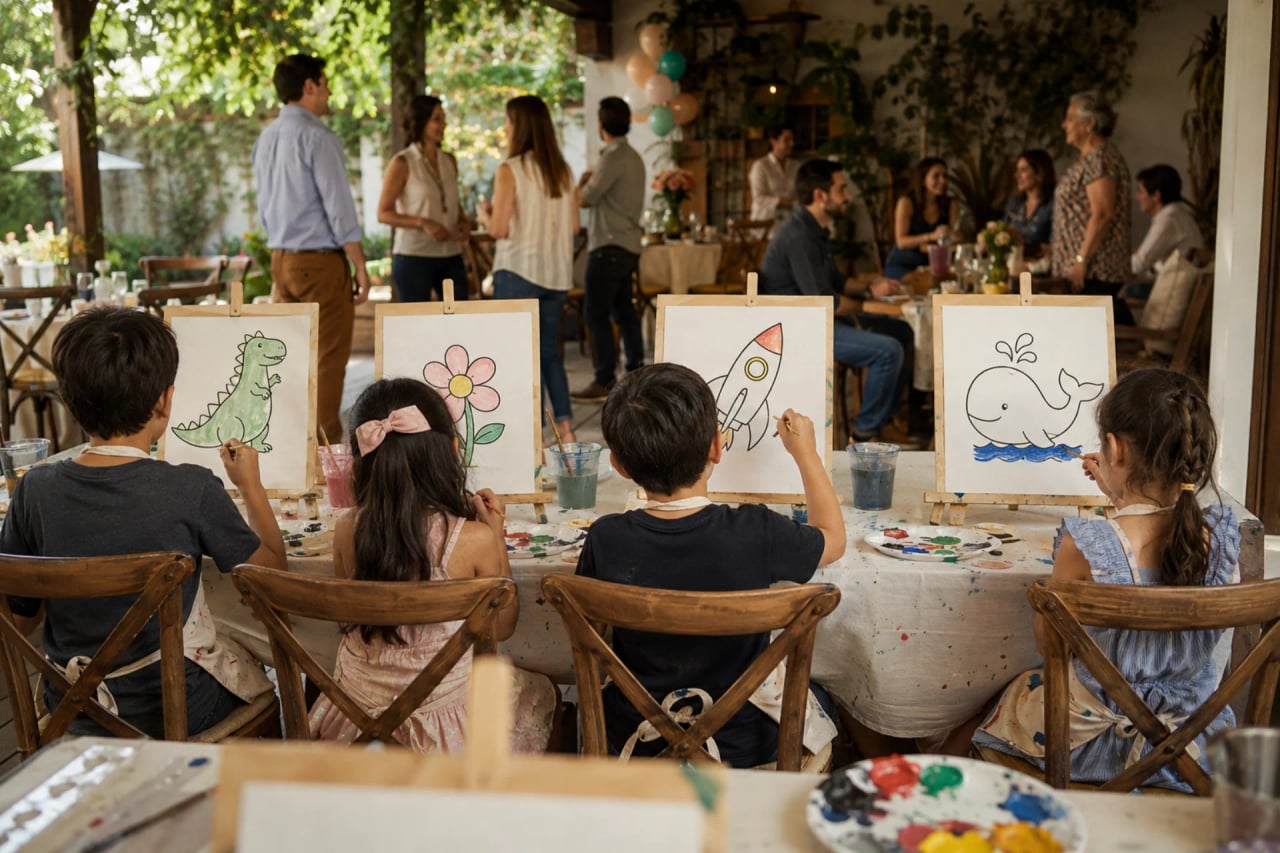 Niños pintando en caballetes durante un taller de arte infantil en Pachuca