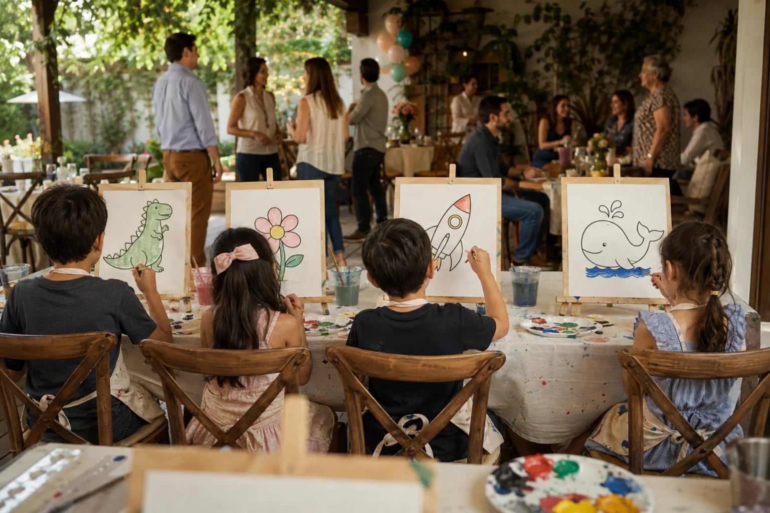 Niños pintando ilustraciones de un dinosaurio, una flor, un cohete y una ballena en caballetes durante un cumpleaños